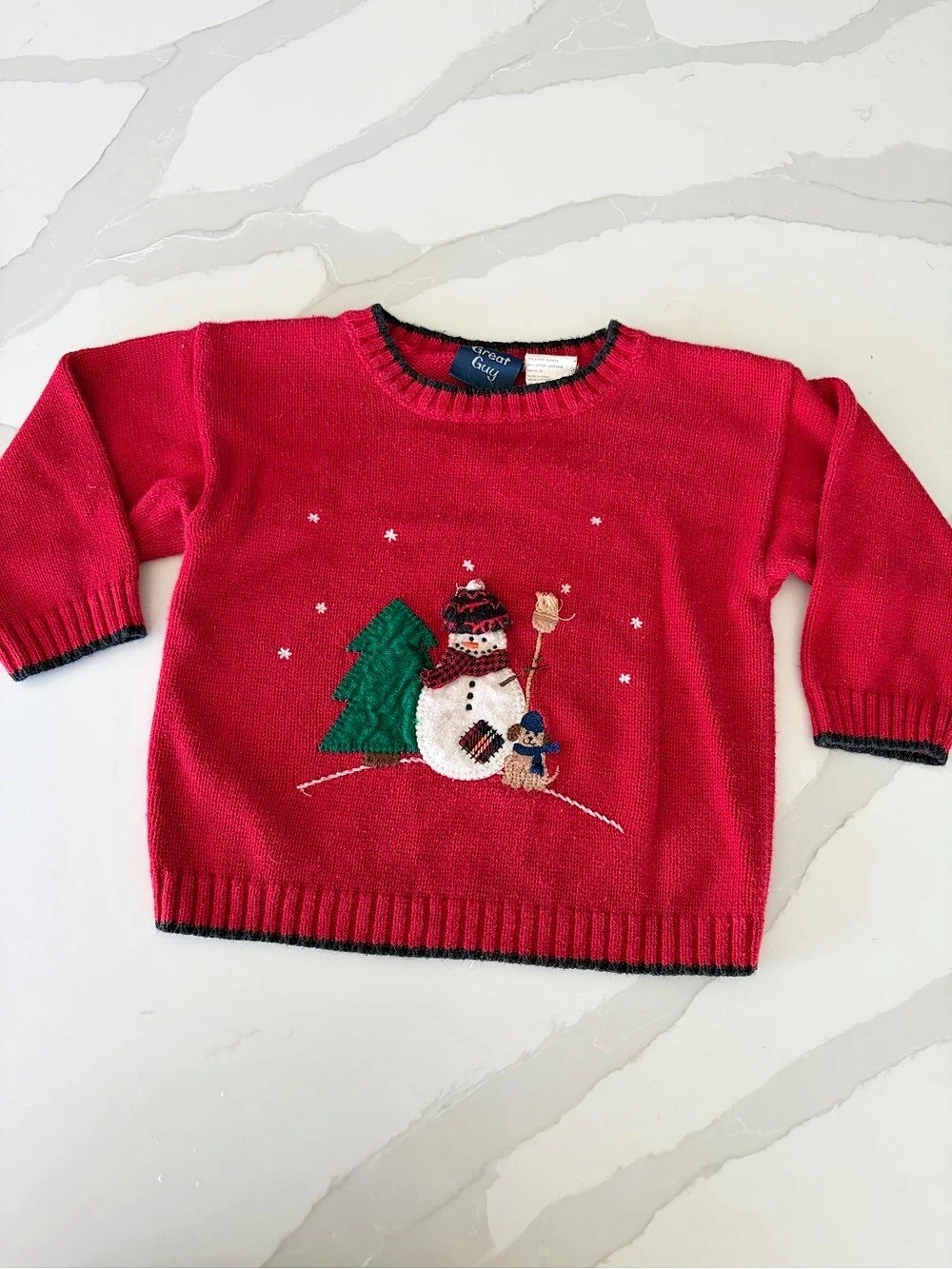 Vtg 80s 90s Great Guy festive embroidered snowman tree dog holiday knit sweater